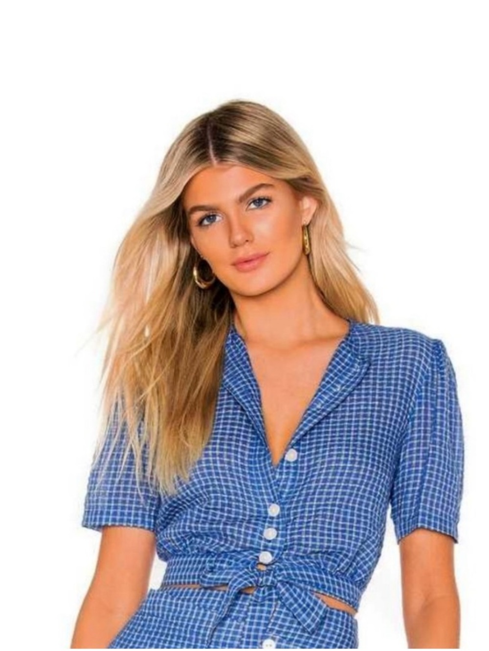 The East Order Mahlia Blue Gingham Crop Button-Front Top Small